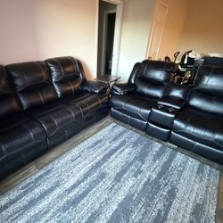 Black Leather Reclining Sofa & Loveseat Set w/ Cup Holders & Chargers – Must Sell
