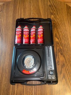 Gas Butane  Camping Stove & 4 Butane Fuel Cans