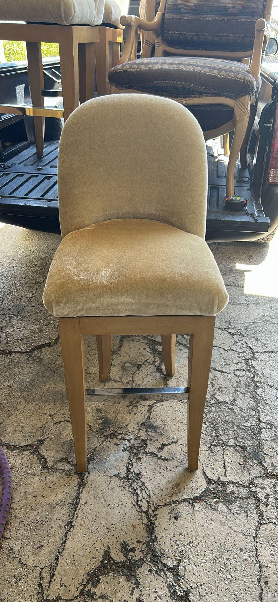 Set of 3 Swiveling Bar Stools Velvet Fabric With Wooden Legs And Metal Foot Rest $100 each
