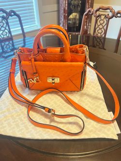Diane von Furstenberg (DVF) Mini Leather Crossbody Bag – Orange Ostrich Embosse