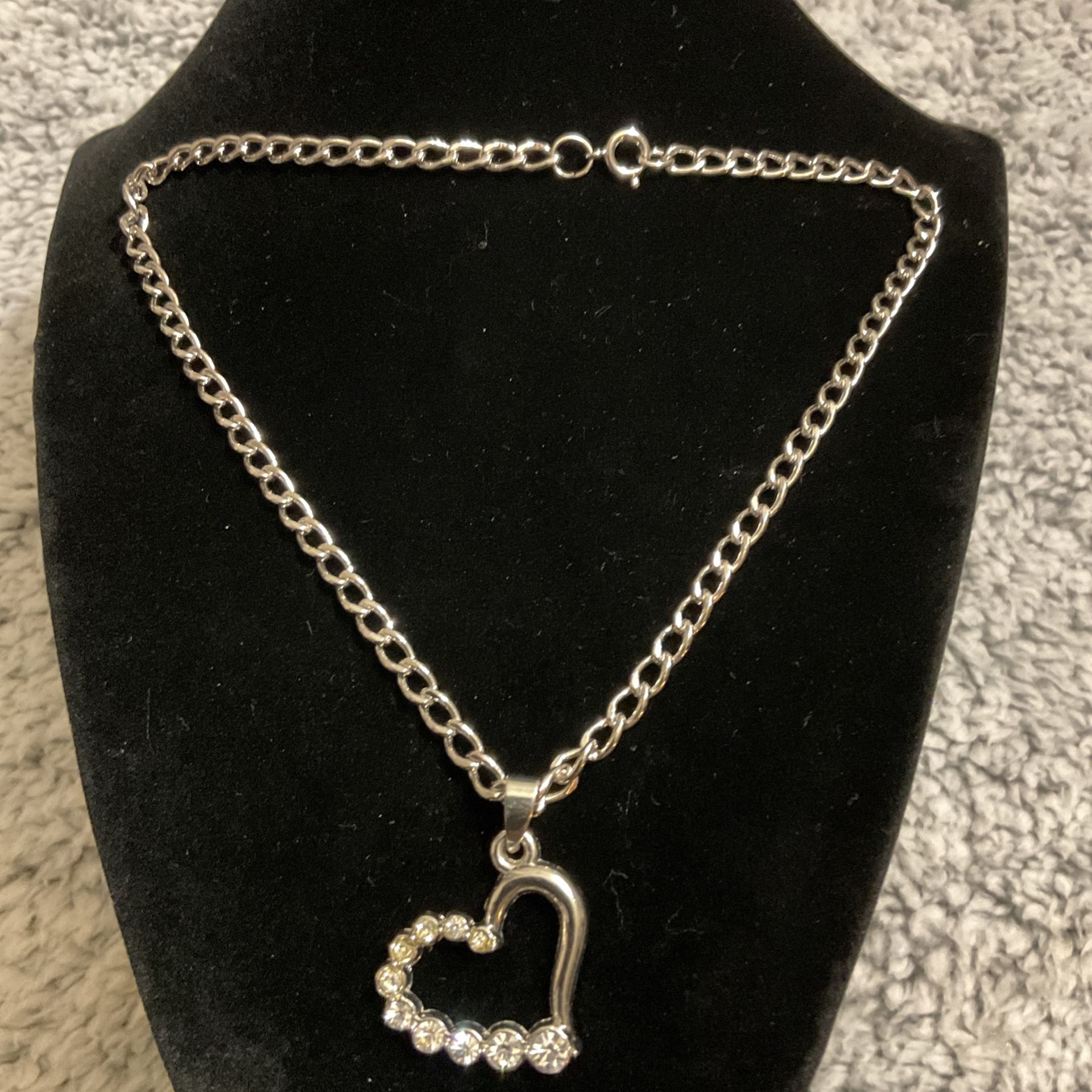 Silver Choker 14”and Heart Pendant With Rhinestones