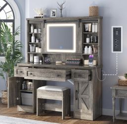 BUILT: AMERLIFE 47.2" Farmhouse Vanity Desk with Mirror and Lights
