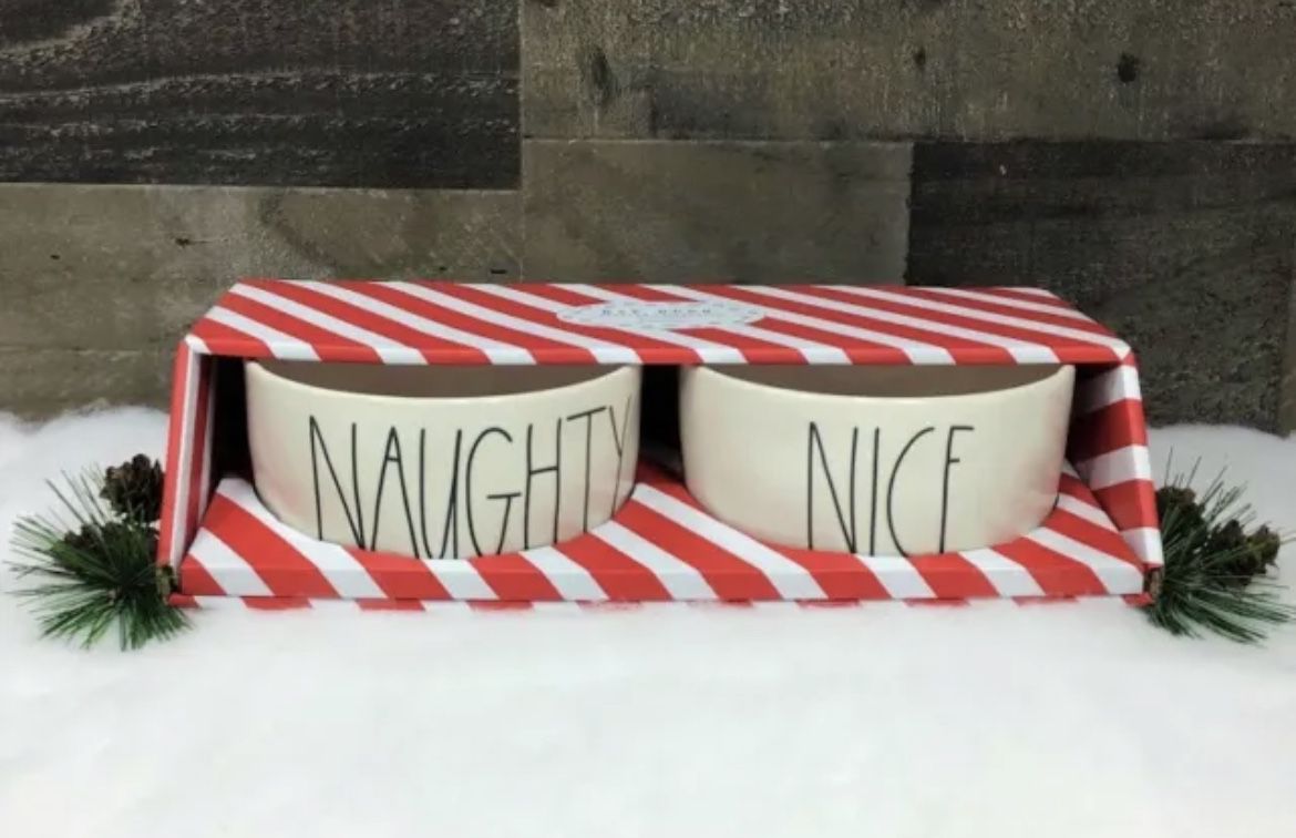 Rae Dunn ~ Holiday "Naughty & Nice" Ceramic Pet Bowls ~ Medium Size 
