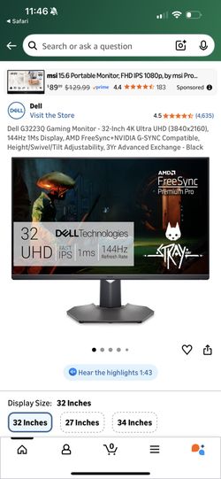 Dell 32 4K UHD Gaming Monitor - G3223Q / 144hz / HDMI 2.1