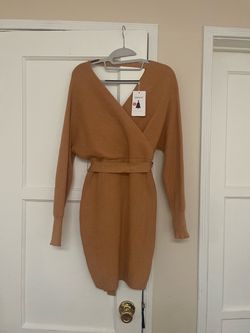 Zesica Camel Ribbed Knit Wrap Sweater Dress
