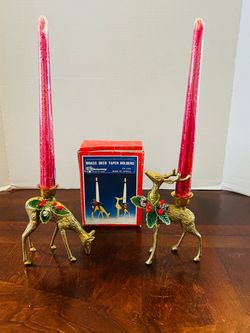 Vintage Christmas Around the World Brass Deer Taper Candlestick Holders w/ Original Box