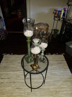Three Emeral Green Glass Candel Holder, One Brass Candle Holder Each Sold Separately