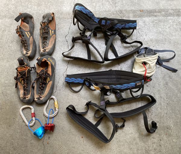 Rock climbing harness, belay device and shoes X 2. Brand new chalk bag