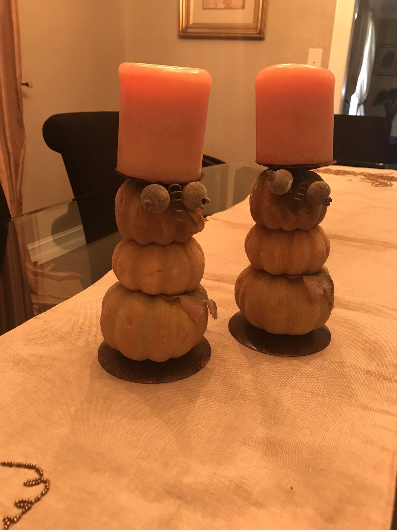 HALLOWEEN SET OF 2 Pillar Frosted Beaded Pumpkin 7” Tall Candleholders