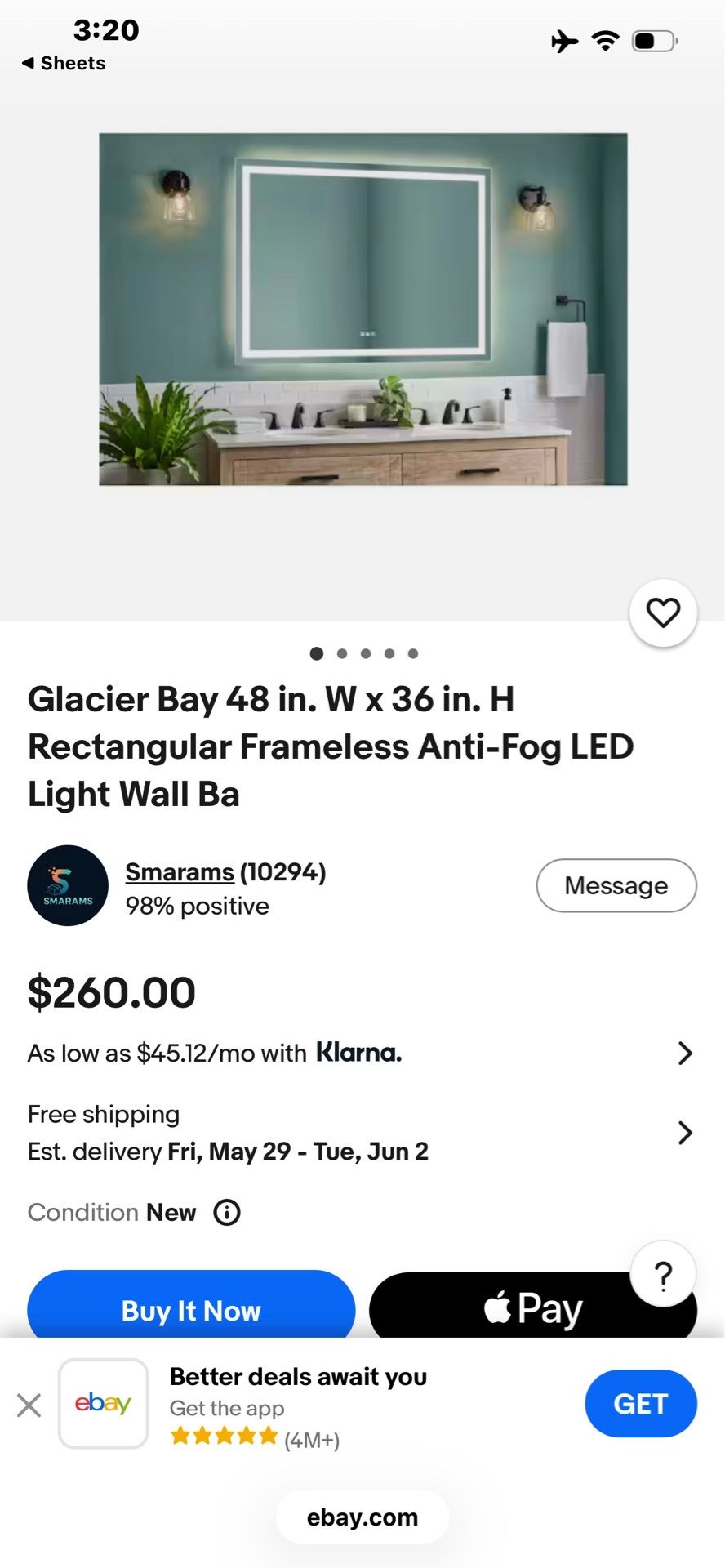 Glacier Bay 48 in. W × 36 in. H Rectangular Frameless Anti-Fog LED Light Wall Ba