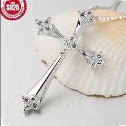 925 Sterling Silver Cubic Zirconia Religious Cross Pendant Necklace