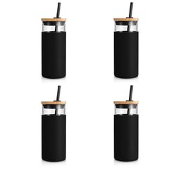 Brandnew  20 oz Glass Tumbler Glass Water Bottle Straw Silicone Protective Sleeve Bamboo Lid - BPA Free - Black/ 4 Pack