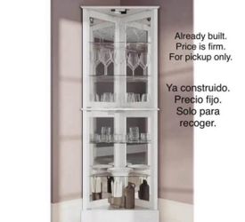 White Corner Display Curio Wood Storage Bar Cabinet with Tempered Glass Doors w/Bulb - Price firm