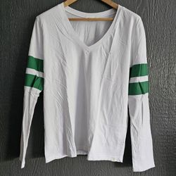 Women's Long Sleeve White T-shirt With Green Stripes