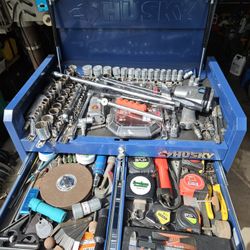 Kobalt Heavy Duty Rolling Toolbox Full With Mostly USA Tools Including Drill Press 12 Speed, Vice And Steel Table All For The Same Price 