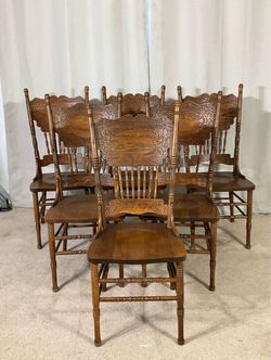 Set of 6 Solid Oak Pressed Back Dining Chairs