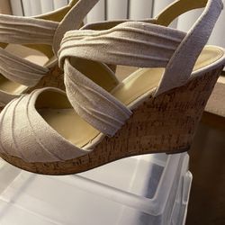 SHIEKH Tan/Beige Open Toe Wedges, Size 10