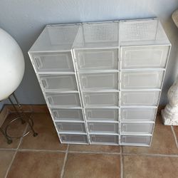 18 Clear Plastic Stackable Shoe Boxes With Drawers… 13.1” Deep By 9” Wide By 5.6” Height… $35