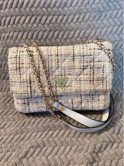 Guess white and blue tweed bag