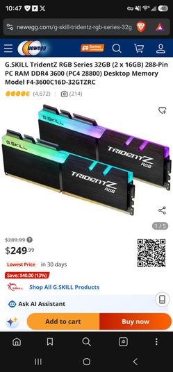 G.SKILL TridentZ RGB 32GB (2 x 16GB) DDR4 3600 Desktop Memory