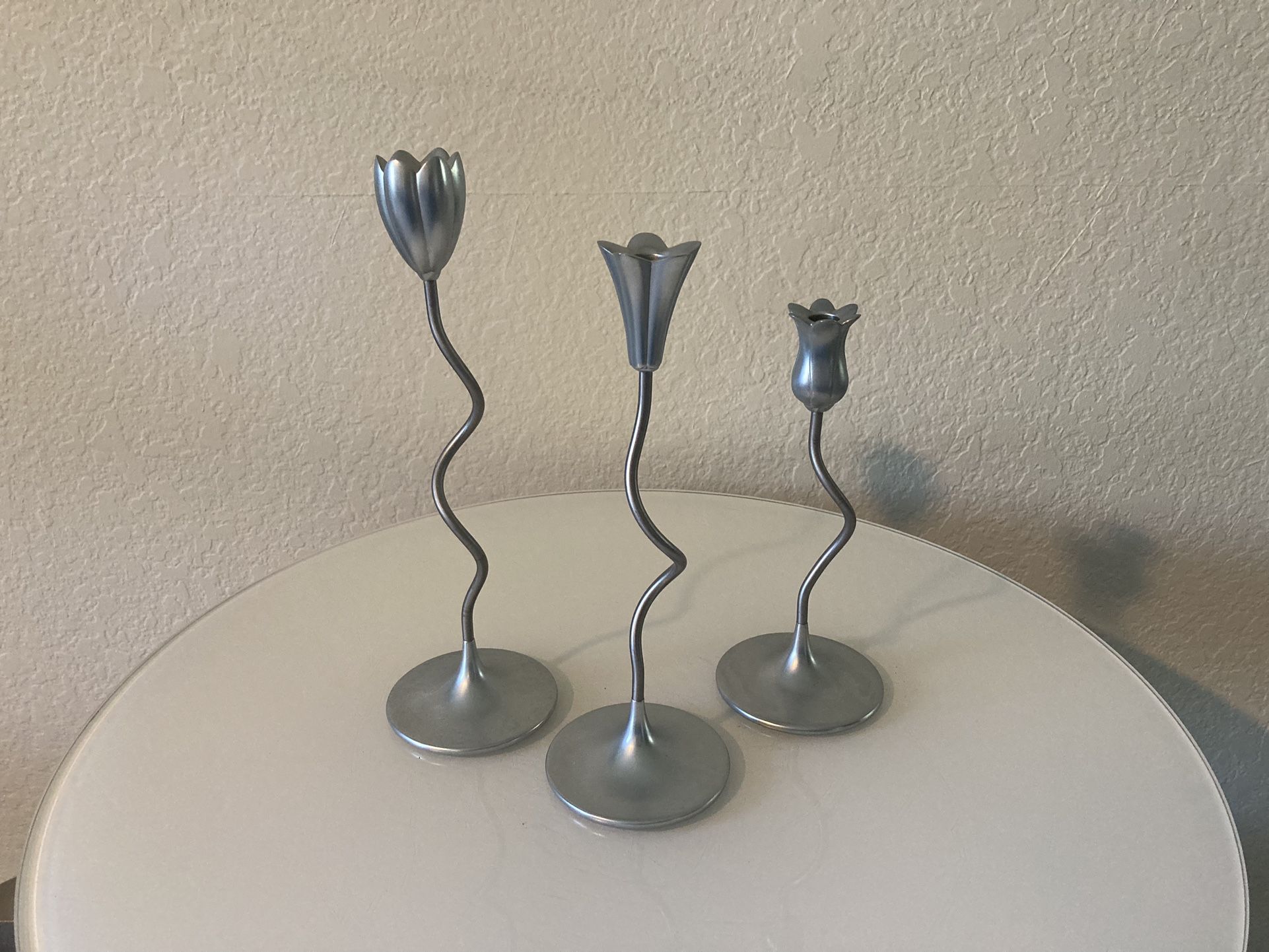 Trio of Dancing Flower Candle Holders Silver Metal