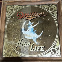 Vintage Miller High Life 1979 “Girl on the Moon" Witch Beer Mirror Bar Sign