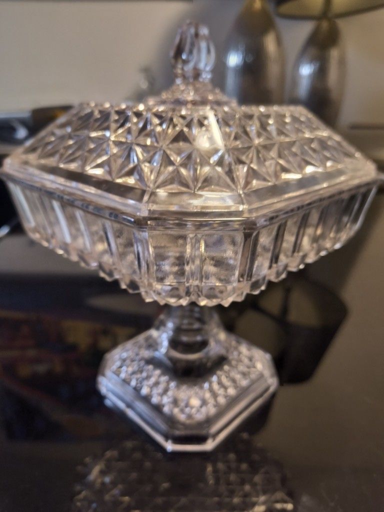 GLASS FOOTED SQUARE COMPOTE BOWL WITH LID 10-3/4" HIGH