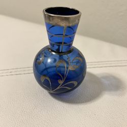 Cobalt Blue Glass & Silver Overlay Mini Vase