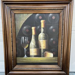 Wine Bottles , Wine Glass And Cheese Painting