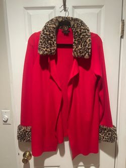 Vintage Fontana Red Open Front Cardigan Jacket w/ Leopard Faux Fur Trim