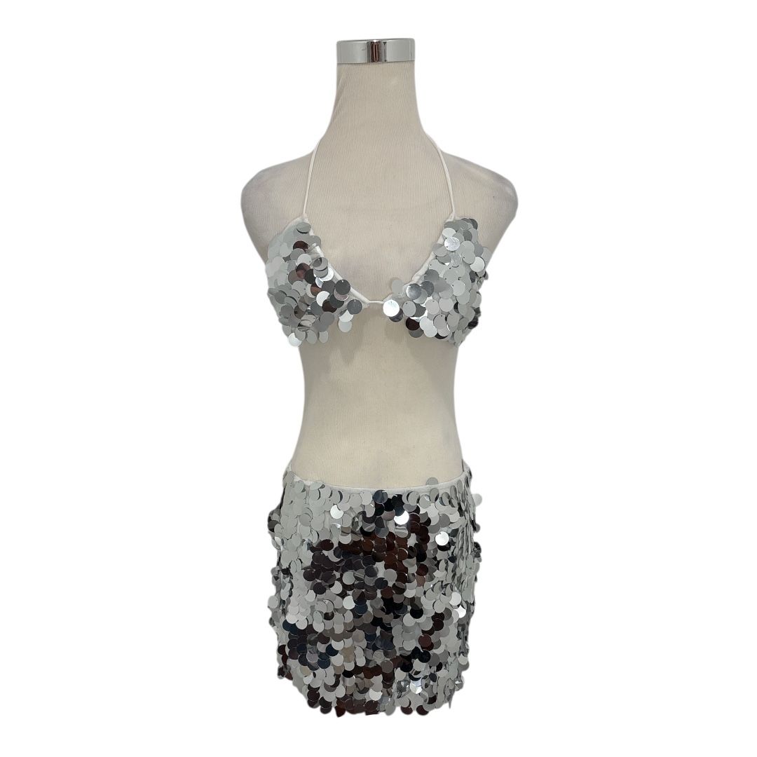 Lucy in the Sky 2 Piece Silver Sequin Top & Mini Skirt Set Size Medium
