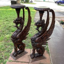 Antique Pair Walnut Winged Griffin Pedestal 