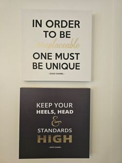 $25.00 - (2) COCO CHANEL Canvas Wall Arts with Motivational Quotes!  Like New/15" Square/Black, White & Gold Accents!