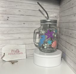 New Seahorse & Seashell Glass Mason Jar With Lid & Straw 