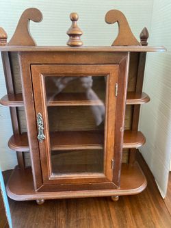 Vintage Wood Curio Knick Knack Display Cabinet w/Glass Door 3-Tier