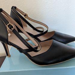 NEW - Foremode Women's Pointed Toe Strappy Pearl Buckle Heels Shoes Black Size 10