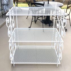 Lg 35” w x 3ft h White Indoor/Outdoor 3 Tier Iron Shelving unit w/scrollwork design on sides  