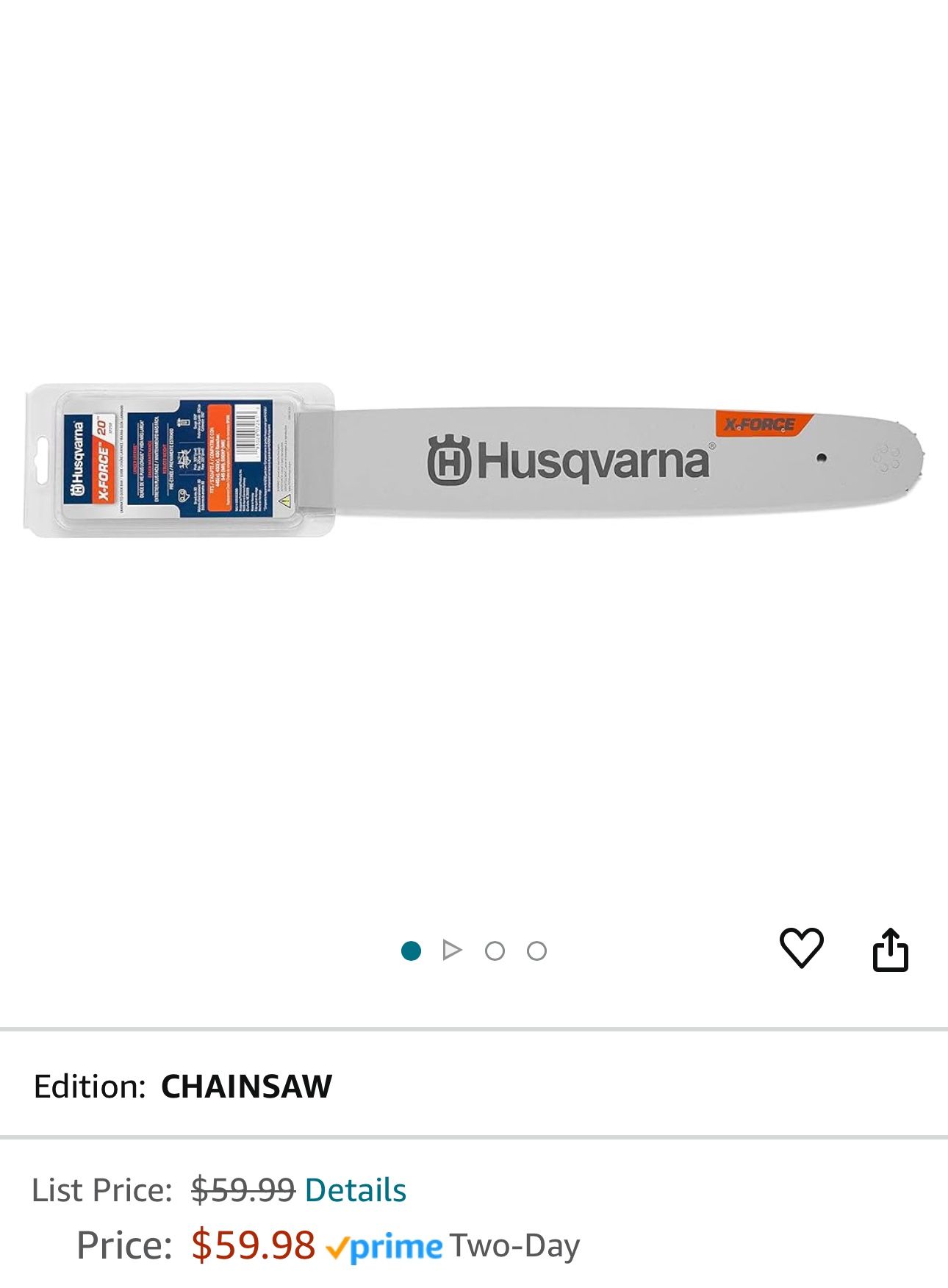 Husqvarna (contact info removed)80 X-Force 20 Inch Chainsaw Bar, .325" Pitch .050" Gauge, 80 Drive Links, Chainsaw Accessories