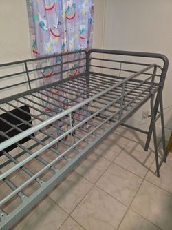 Gray Metal Twin Loft Bed Frame with Ladder