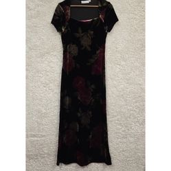 Dressbarn Velvet Dress Women 8 Black Floral Stretch Square Neck Romantic Cottage 