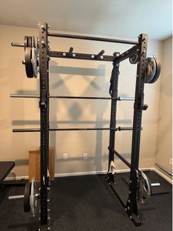 Squat Rack, Olympic Plates, and Barbells Package