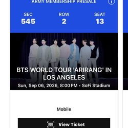 4x BTS Concert WORLD TOUR 'ARIRANG' IN LOS ANGELES Sunday, Sep 06, 2026, 8:00 PM SoFi Stadium Tickets LA