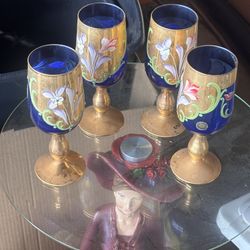 Vintage Murano 24KT Gold Italian Hand-Painted Cobalt Blue Goblets (Set of 4)