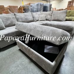 NEW Modern Sectional Sofa and Chaise Set FREE Storage OTTOMAN Discount SALE Ashley Style Lounge Light Grey Gray Fabric Gray White Beige Green Black
