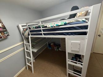 White Loft Bed with Desk and Storage