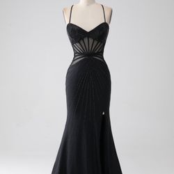 Black Mermaid Prom Dress with Slit – Spaghetti Straps (Worn Once Size 6)