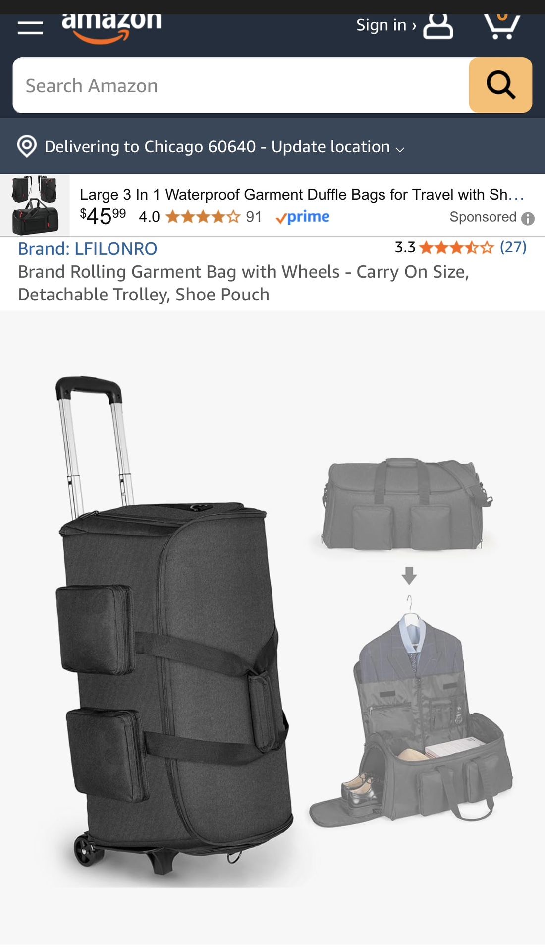 Brand Rolling Garment Bag with Wheels - Carry On Size, Detachable Trolley