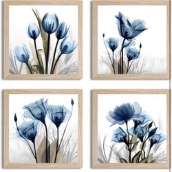 Framed Living Room Wall Art Flower Bedroom Bathroom Wall Decor Blue Solid Oak Wood Framed MDF Backboard 14" X 14" 4 Pieces