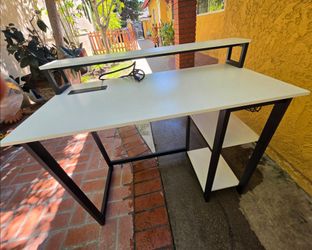 White and Black Computer Desk with Monitor Shelf