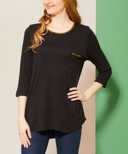 Elliott & Vine Mustard & Black Plaid Contrast Three-Quarter Sleeve Top - Women size L